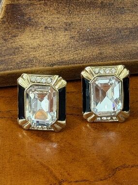 Birch Hill Gold Tone Black Enamel and Crystal Art Deco Clip On Earrings